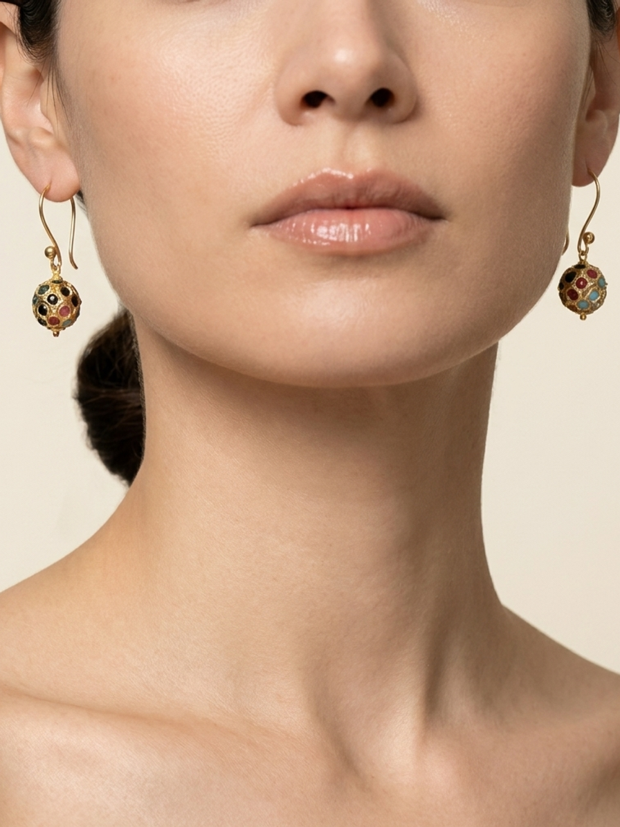 Gilded Mosaic Drops — handmade gold-tone metal jewelry by Sima & Sid, shown on a model