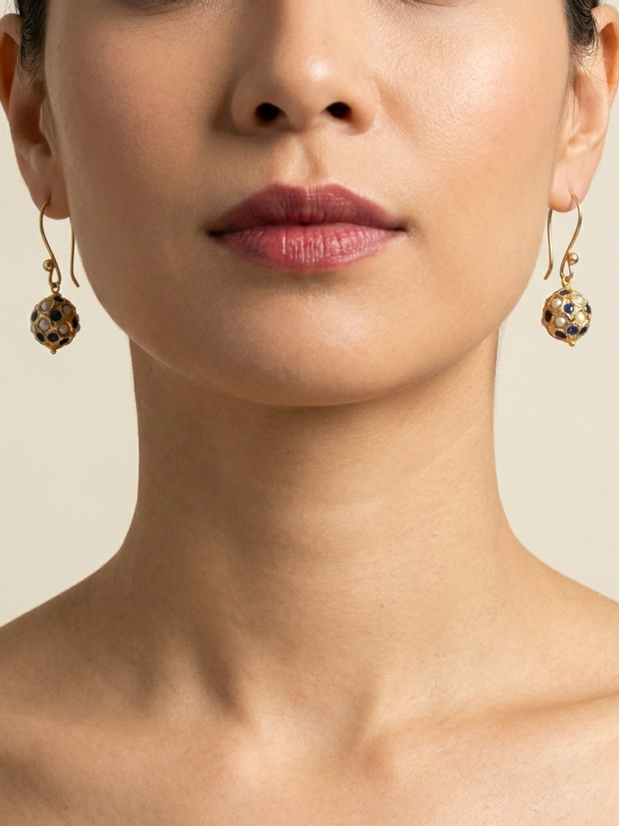 Sapphire Majlis Drops — handmade gold-tone filigree jewelry by Sima & Sid, shown on a model