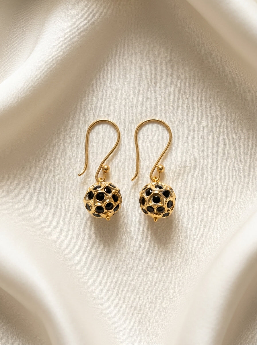 Noir Pavilion Drops — handmade gold-tone openwork metal jewelry by Sima & Sid