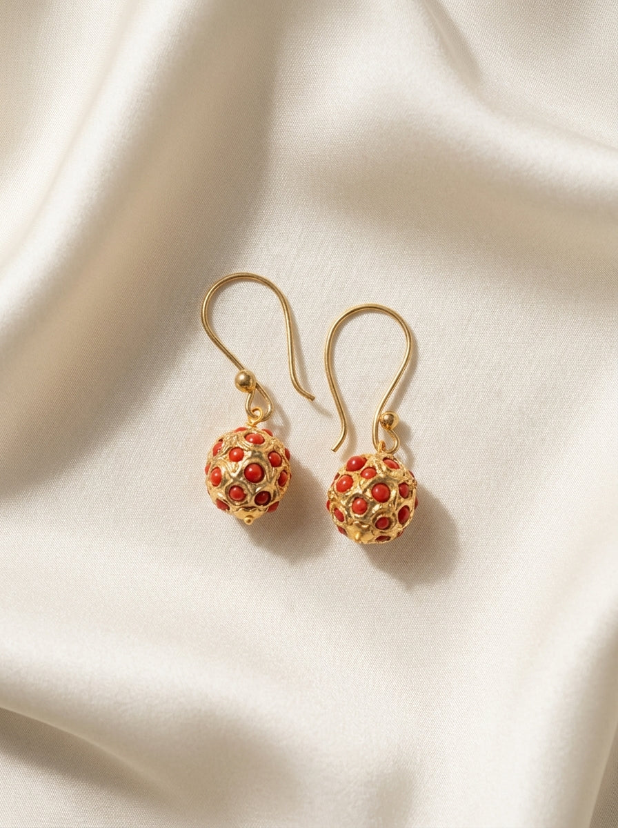 Coral Majlis Drops — handmade gold-tone filigree jewelry by Sima & Sid