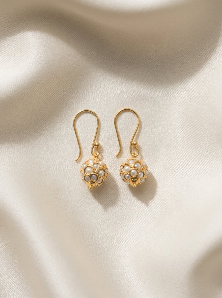 Pearl Honeycomb Drops — handmade white pearls jewelry by Sima & Sid
