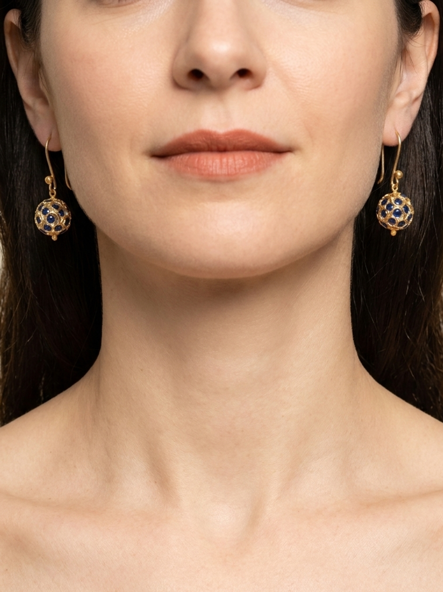 Cobalt Majlis Drops — handmade gold-tone filigree jewelry by Sima & Sid, shown on a model