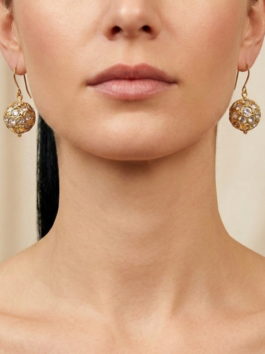 Crystal Honeycomb Drops — handmade clear faceted glass jewelry by Sima & Sid, shown on a model