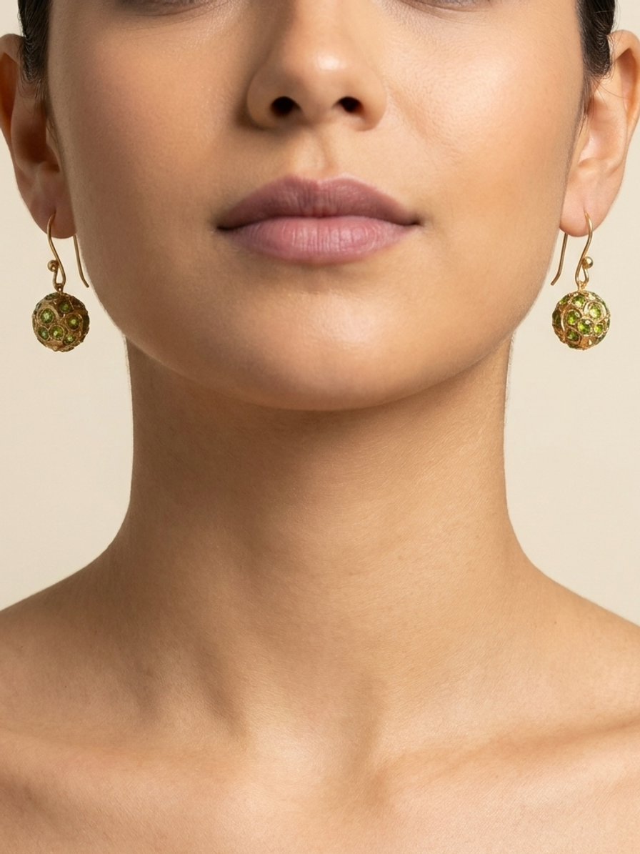 Chartreuse Lattice Drops — handmade gold-tone filigree jewelry by Sima & Sid, shown on a model