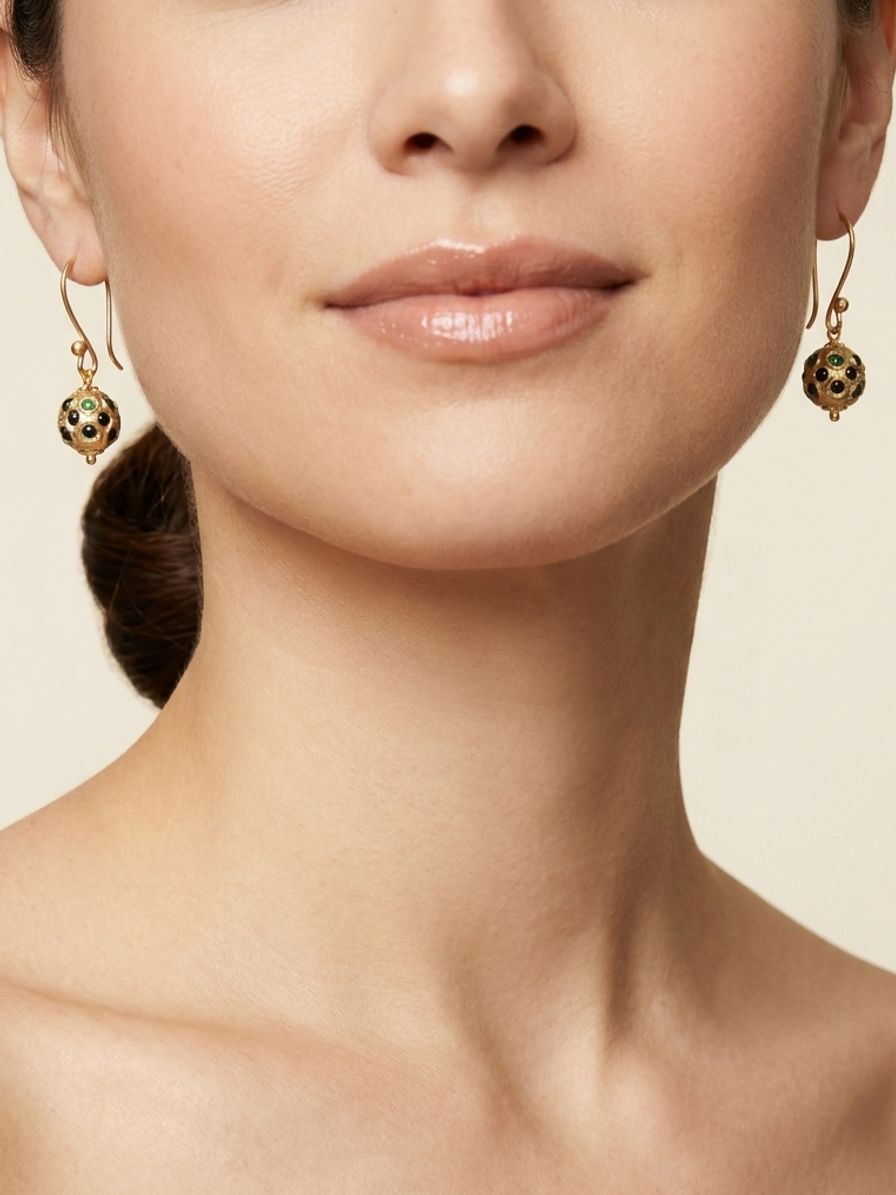 Gilded Relic Drops — handmade textured gold-tone metal jewelry by Sima & Sid, shown on a model