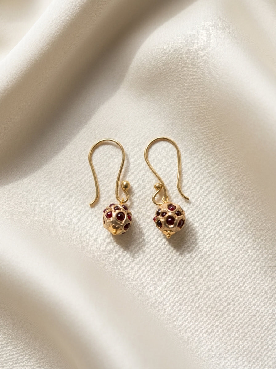Garnet Lattice Drops — handmade gold-tone metal jewelry by Sima & Sid