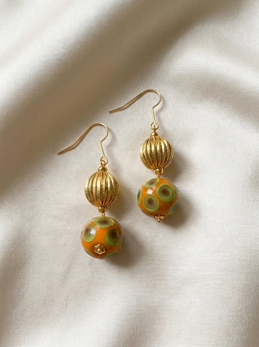 Ochre Majlis Drops — handmade patterned glass beads jewelry by Sima & Sid