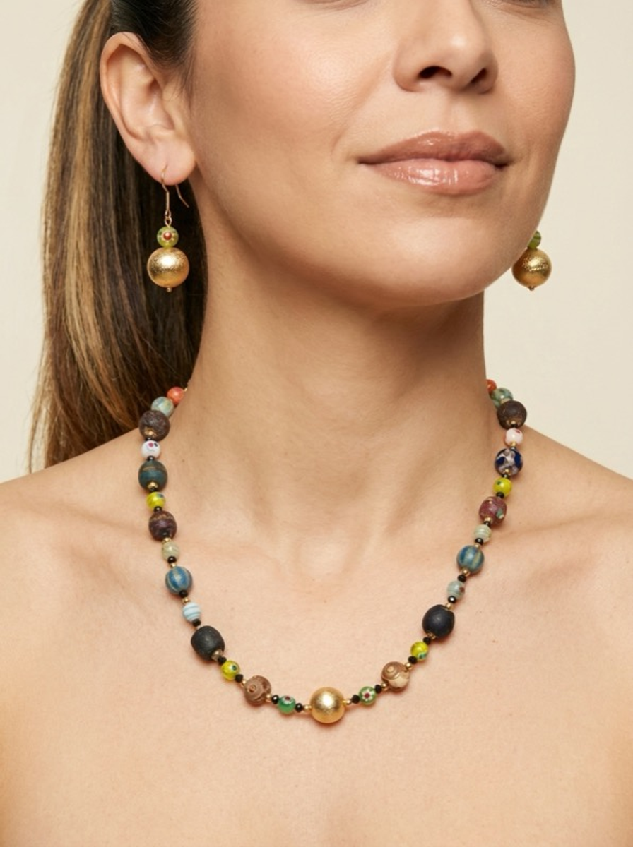 Gilded Medley Set — handmade millefiori glass jewelry by Sima & Sid, shown on a model