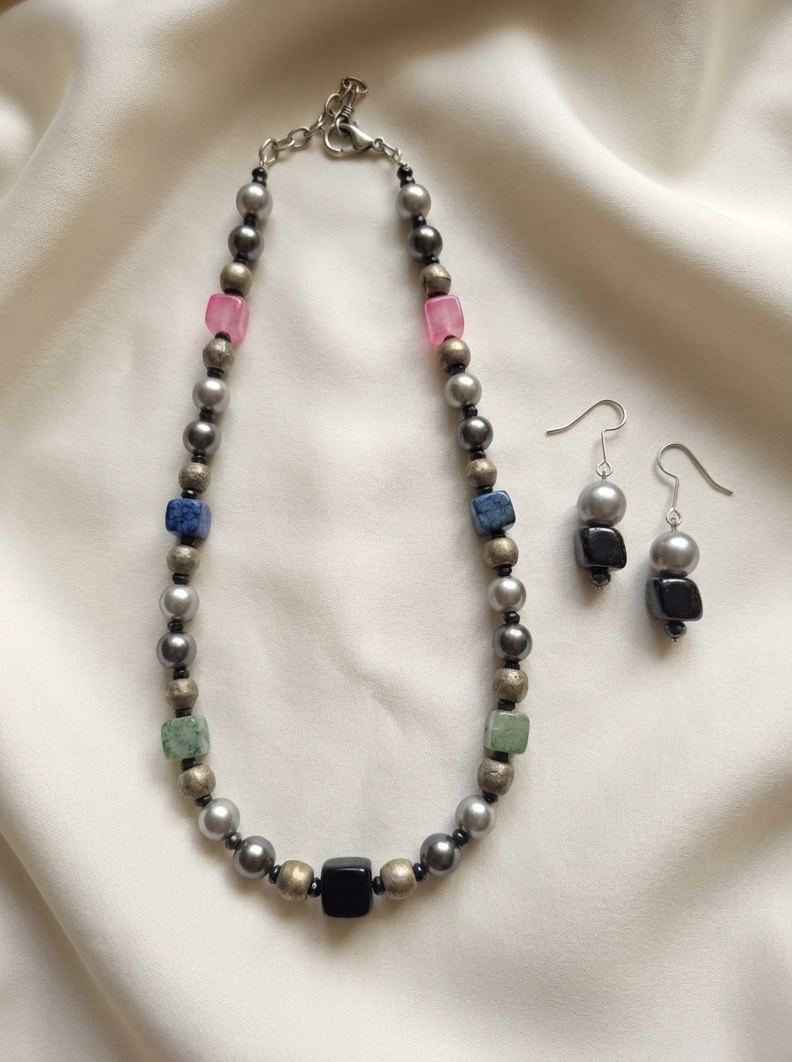 Gunmetal Kaleidoscope Set — handmade silver-grey faux pearls jewelry by Sima & Sid