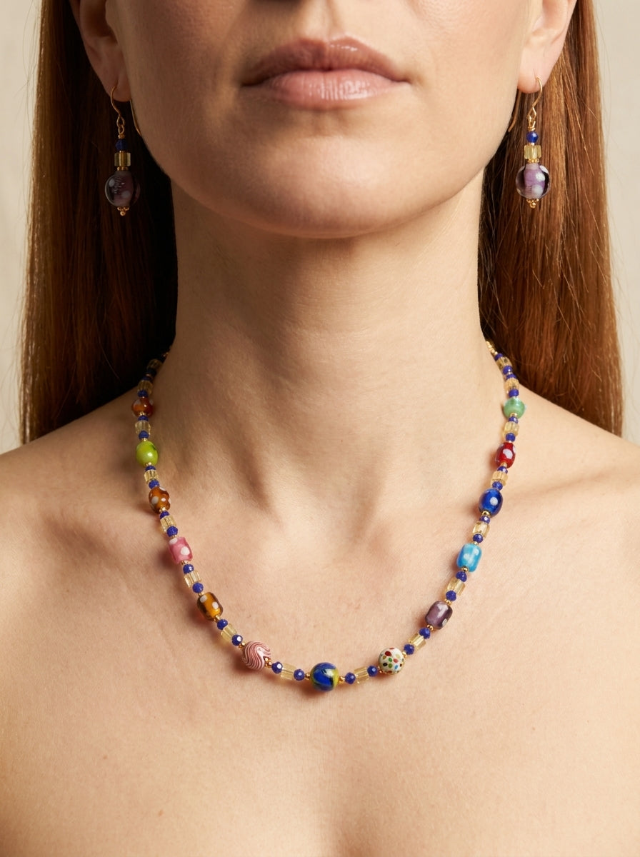 Cobalt Kaleidoscope Set — handmade lampwork glass beads jewelry by Sima & Sid, shown on a model
