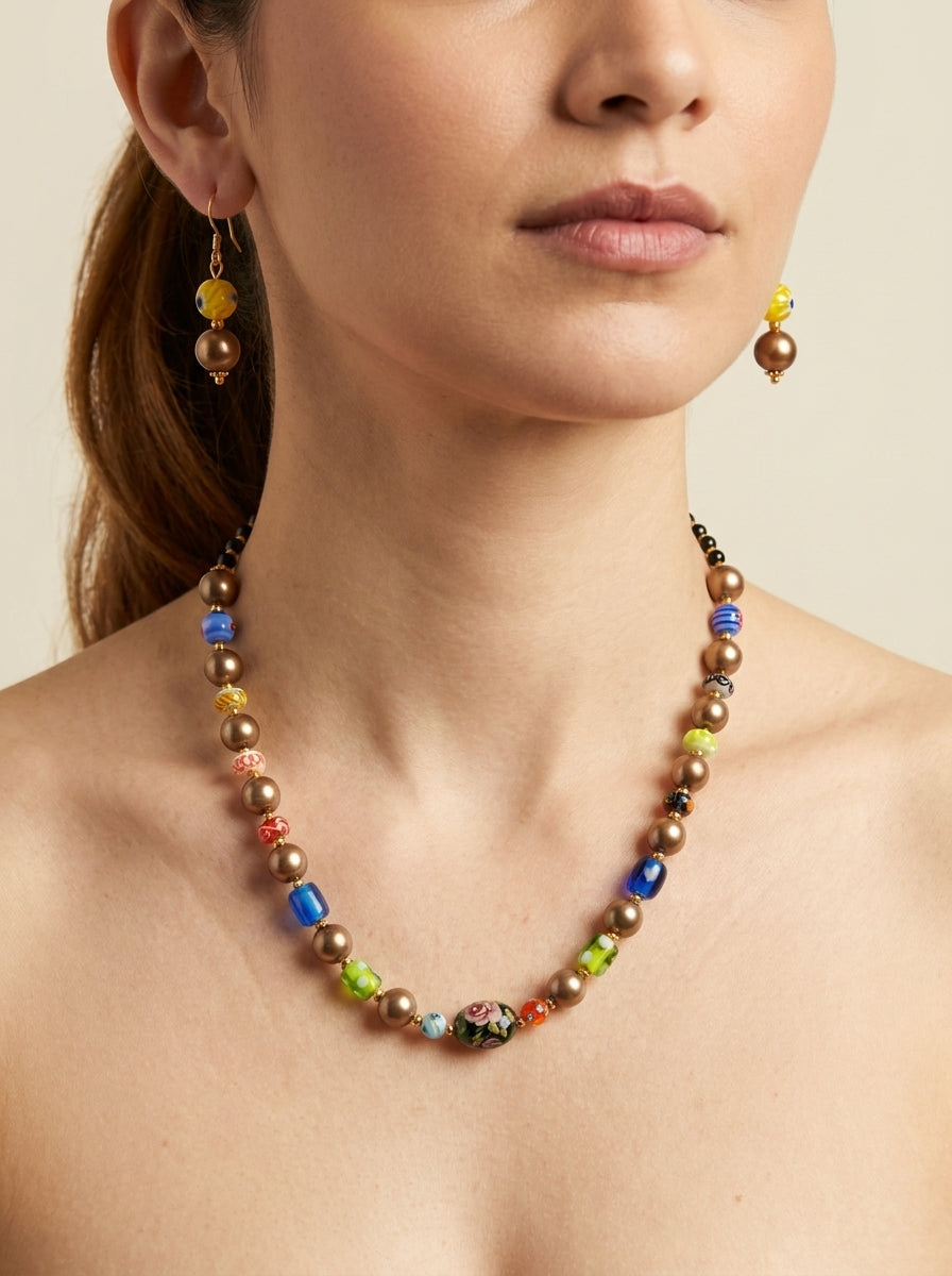 Bronze Kaleidoscope Set — handmade lampwork glass beads jewelry by Sima & Sid, shown on a model