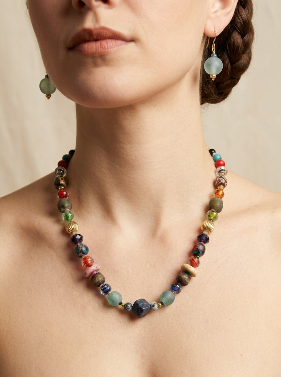 Lagoon Pavilion Set — handmade lampwork glass jewelry by Sima & Sid, shown on a model
