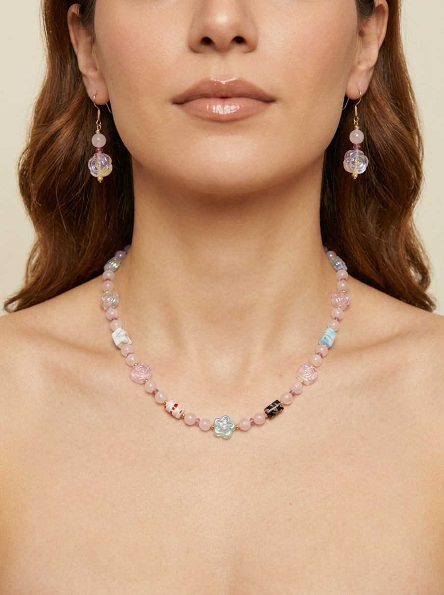 Blush Reverie Set — handmade pink stone beads jewelry by Sima & Sid, shown on a model