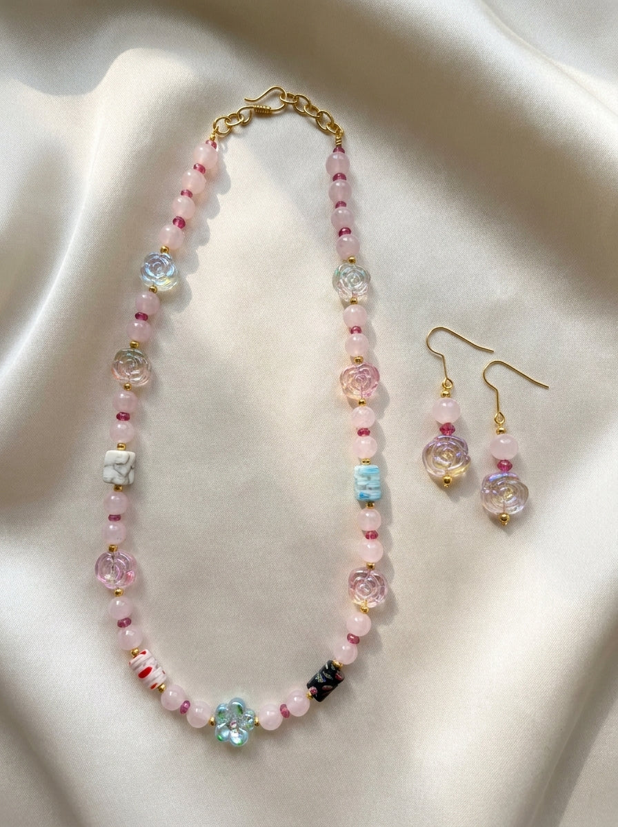 Blush Reverie Set — handmade pink stone beads jewelry by Sima & Sid
