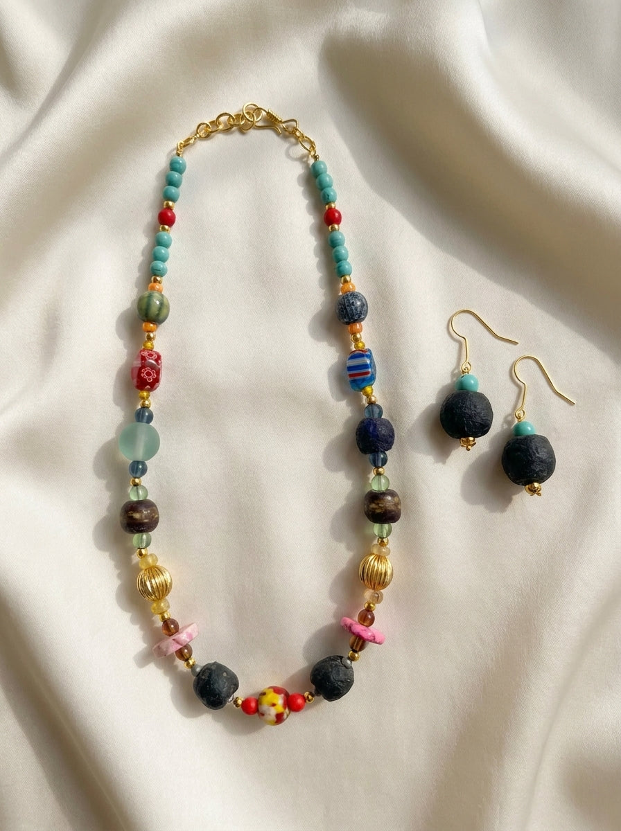 Magma Mosaic Set — handmade millefiori glass jewelry by Sima & Sid