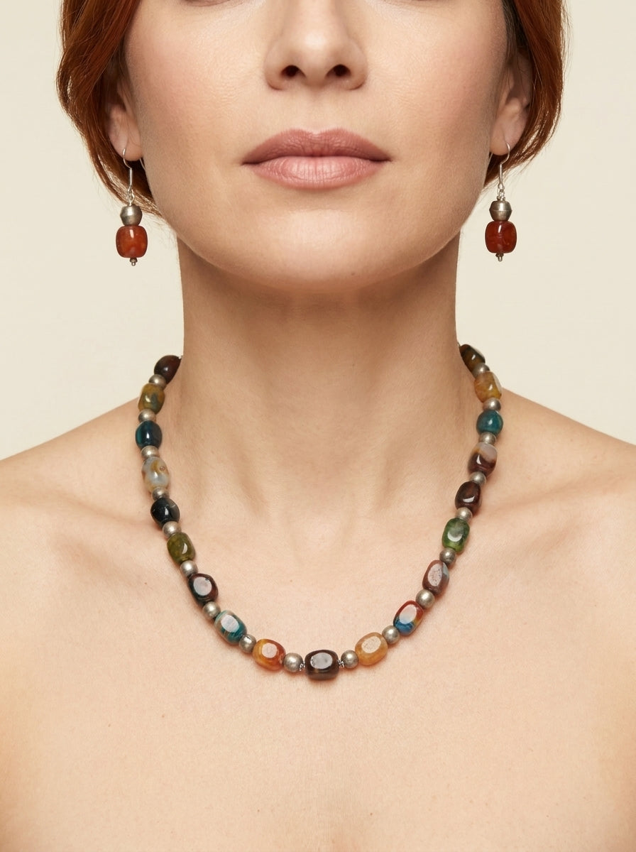 Agate Medley Set — handmade mixed-color stone nuggets jewelry by Sima & Sid, shown on a model