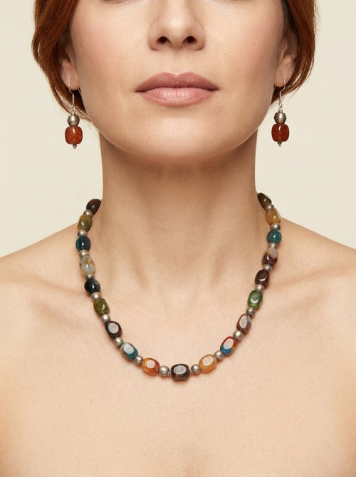 Agate Medley Set — handmade mixed-color stone nuggets jewelry by Sima & Sid, shown on a model