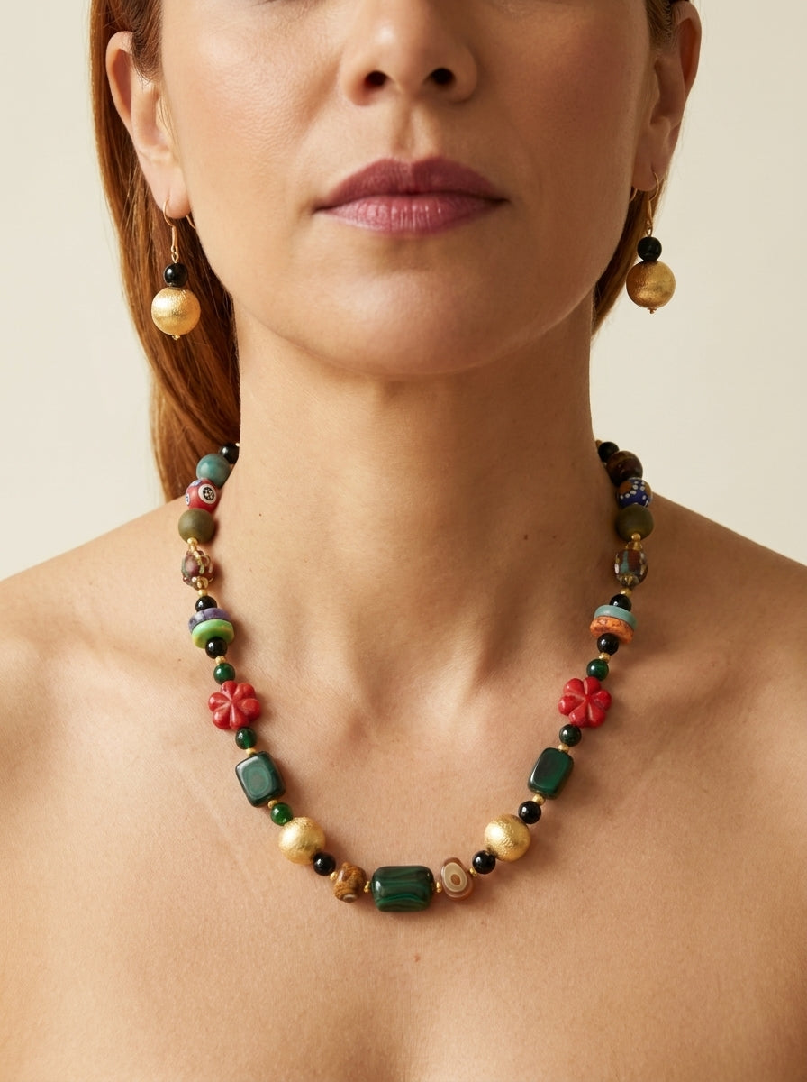 Jewel Bazaar Set — handmade millefiori glass jewelry by Sima & Sid, shown on a model