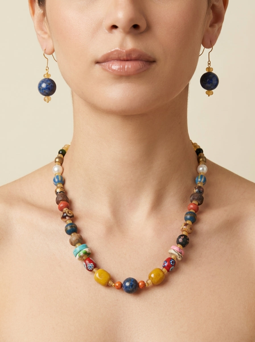 Lapis Bazaar Set — handmade millefiori glass jewelry by Sima & Sid, shown on a model