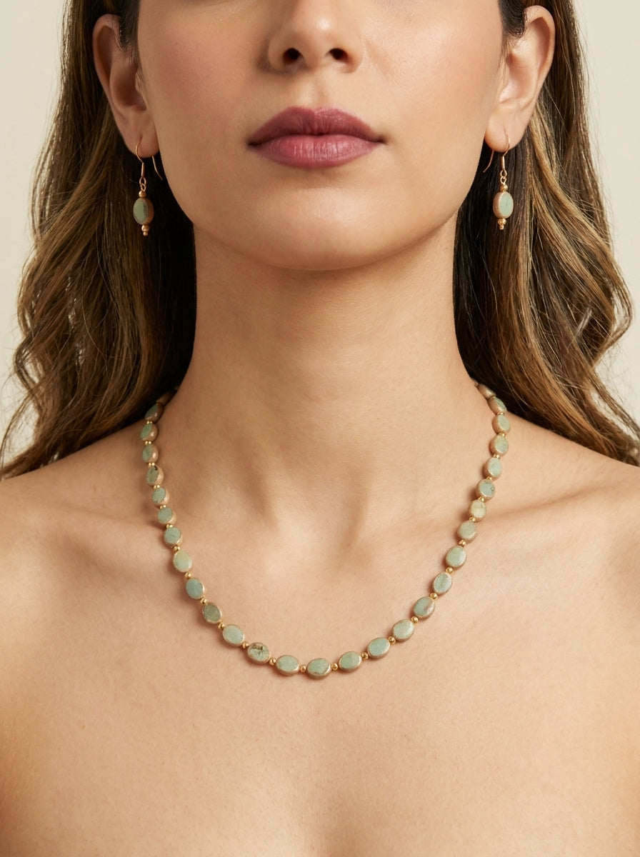 Sage Pavilion Set — handmade sage green stones jewelry by Sima & Sid, shown on a model
