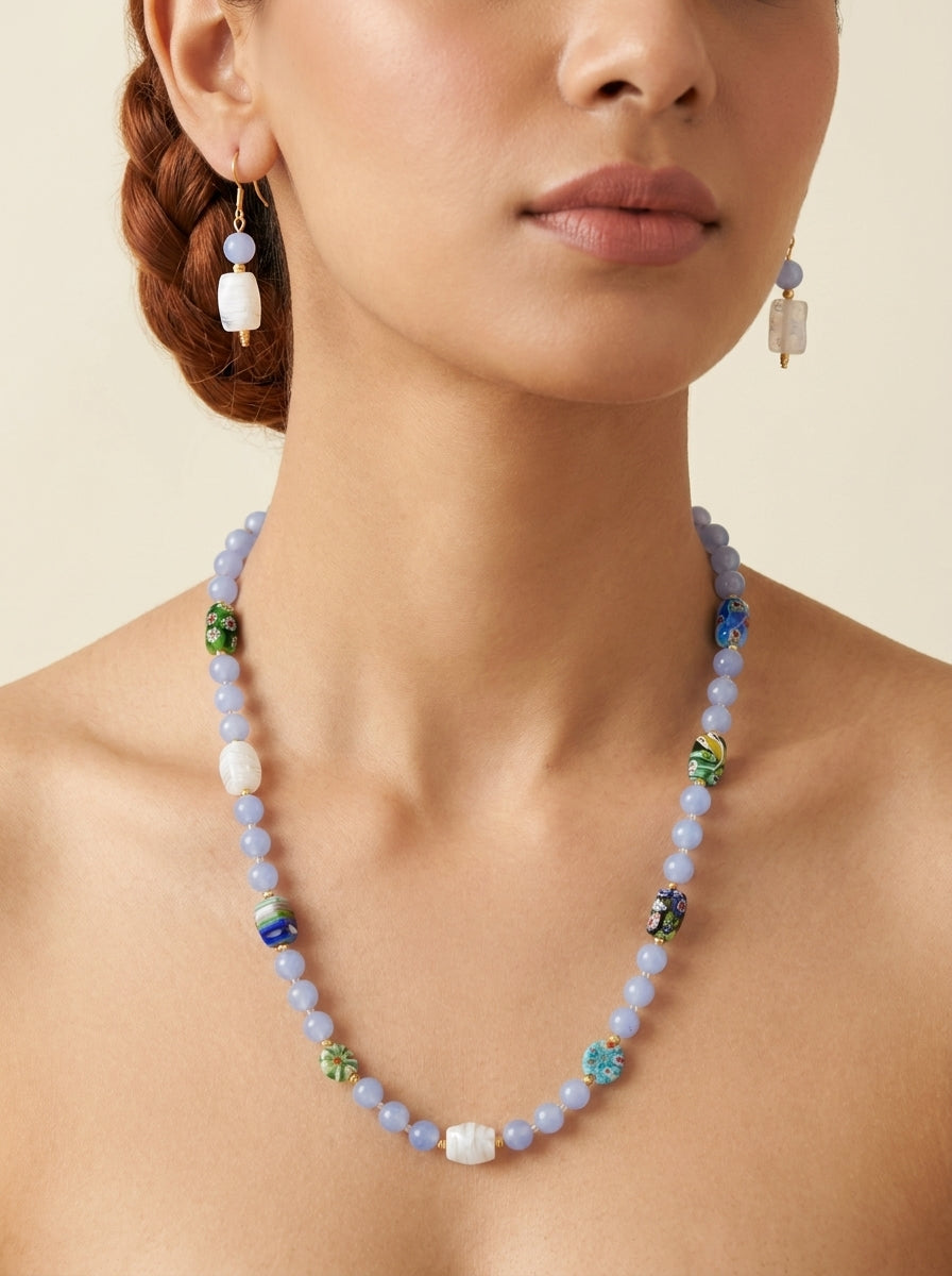 Periwinkle Medley Set — handmade periwinkle glass jewelry by Sima & Sid, shown on a model