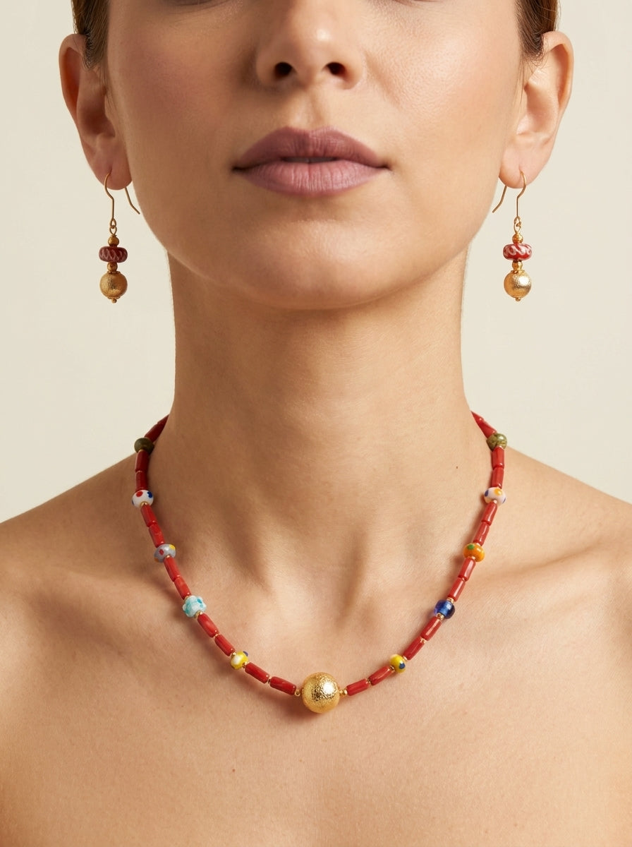 Cherry Bazaar Set — handmade cherry red glass jewelry by Sima & Sid, shown on a model