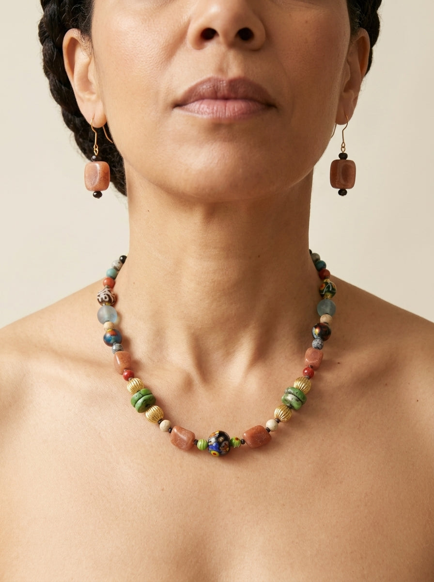 Sunstone Bazaar Set — handmade millefiori glass jewelry by Sima & Sid, shown on a model