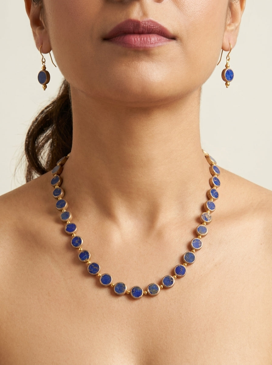 Lapis Reverie Set — handmade deep blue stone jewelry by Sima & Sid, shown on a model