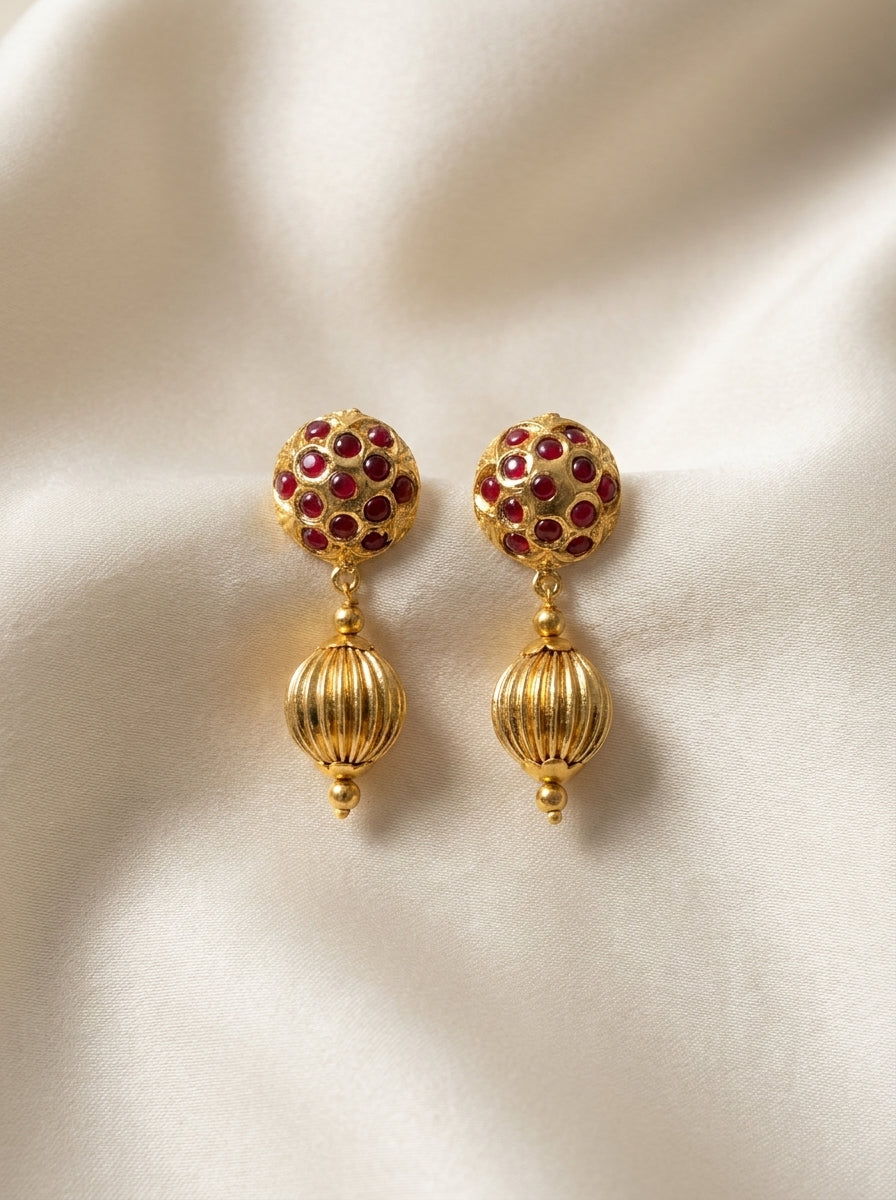 Crimson Temple Drops — handmade gold-tone metal beads jewelry by Sima & Sid