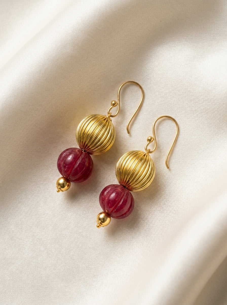 Raspberry Pavilion Drops — handmade gold-tone metal beads jewelry by Sima & Sid