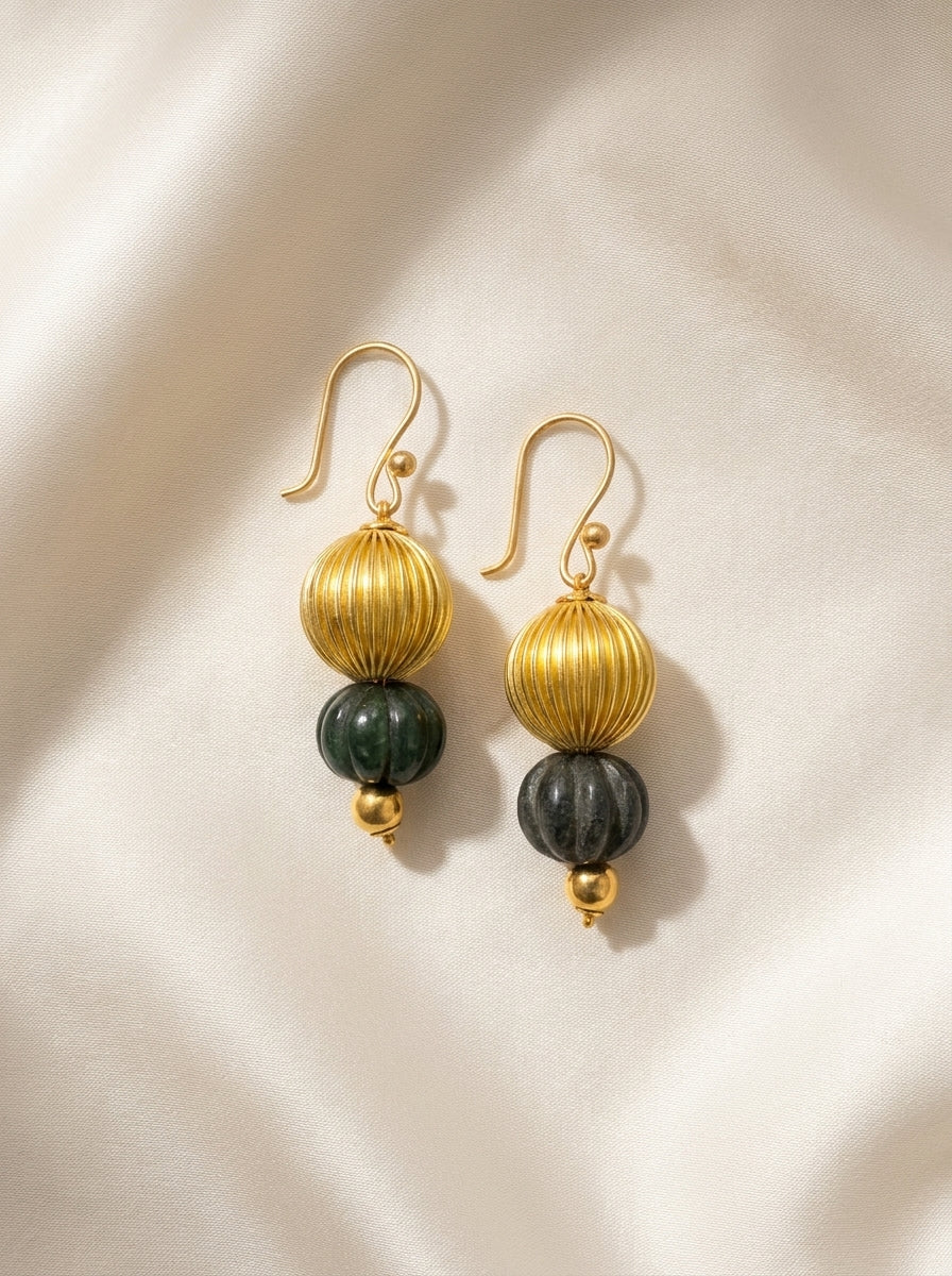 Emerald Temple Drops — handmade gold-tone fluted beads jewelry by Sima & Sid