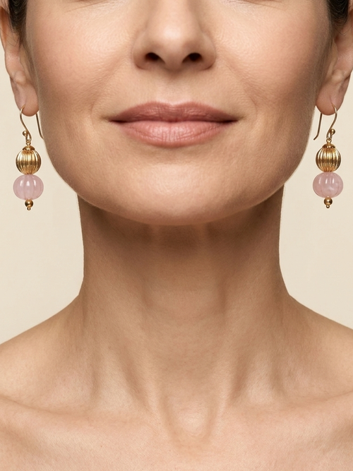 Blush Pavilion Drops — handmade pale pink stone beads jewelry by Sima & Sid, shown on a model